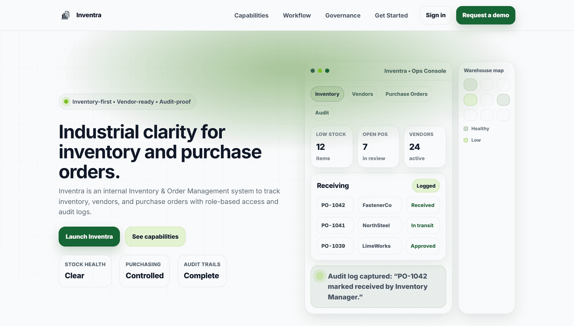 Inventra inventory management dashboard with stock levels